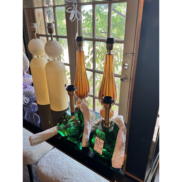 Early 21st Century Modern Murano Amber and Gold Glass Lamps - Pair For Sale - Image 5 of 6