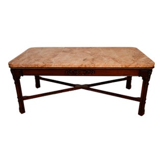 1940s English Chippendale Mahogany Marble Top Coffee Table Accent Table . For Sale