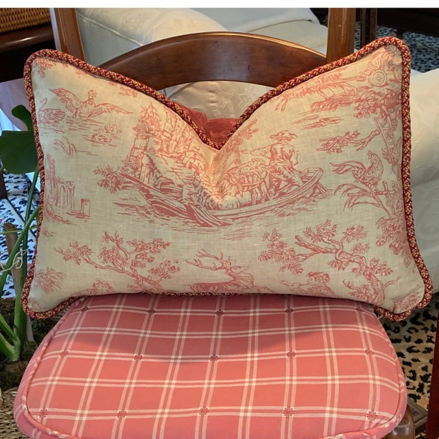 Vintage Country Hand-Printed Paprika Red Toile Rectangle Lumbar Pillow With Down Feather Insert For Sale - Image 4 of 5