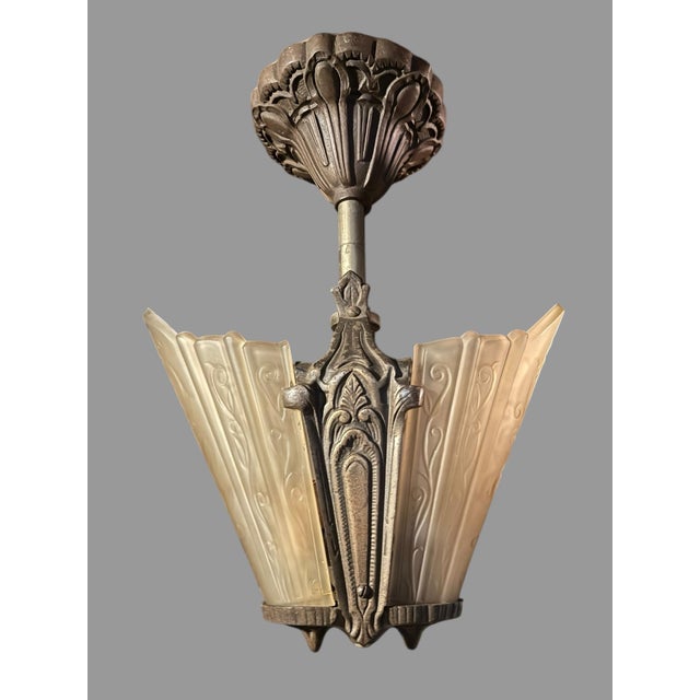 Art Deco Pair Antique Art Deco 2 Light Ceiling Fixtures Amber Glass Slip Shades 1930s For Sale - Image 3 of 12