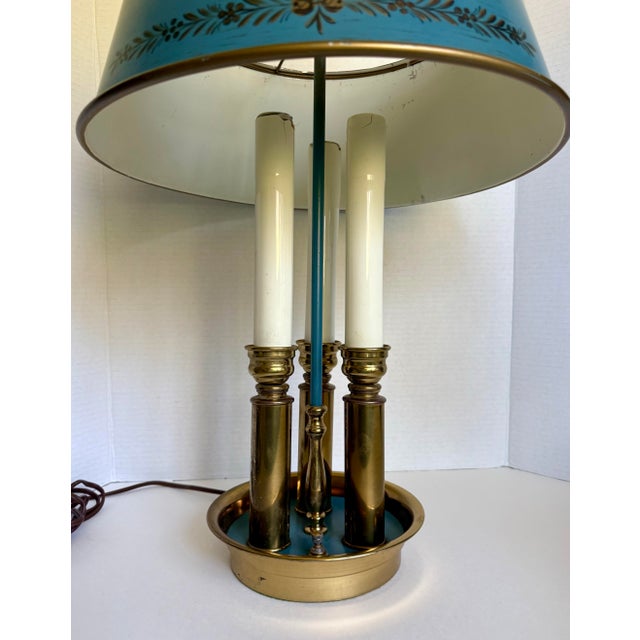 Vintage French Empire Revival Blue Tole and Brass Bouillotte Lamp For Sale - Image 10 of 14
