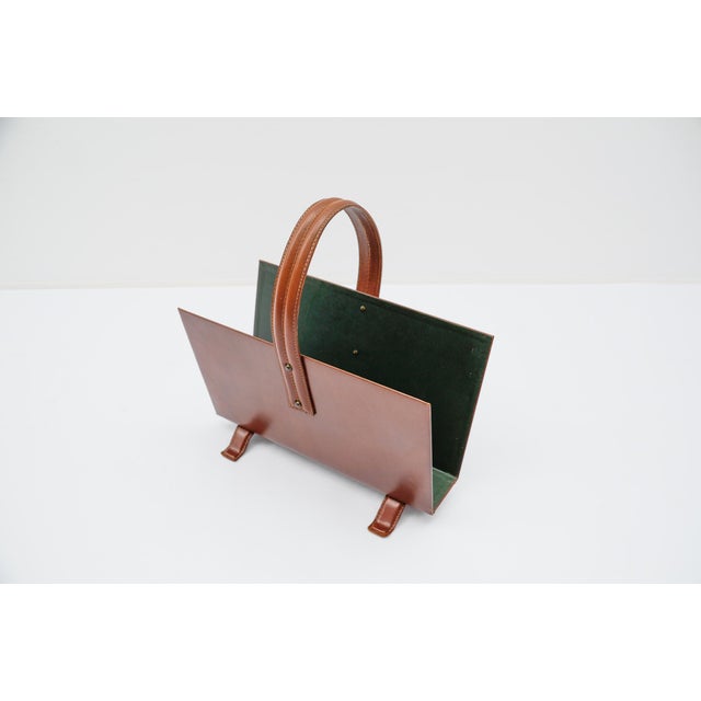 Mid-Century Modern Magazine Rack in Leather and Brass from Jacques Adnet, 1950s For Sale - Image 3 of 11