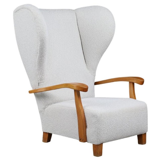 Monumental French Wingback Armchair in Ivory Bouclé with Sculpted Frame, 1930s For Sale - Image 10 of 10