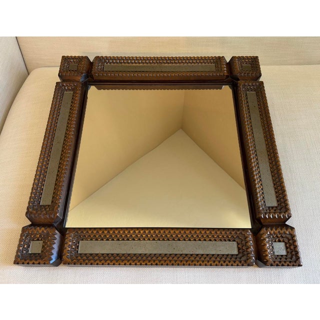 Brown Currey & Company Tramp Art Handcrafted Wood Square Mirror Antiqued Border For Sale - Image 8 of 12