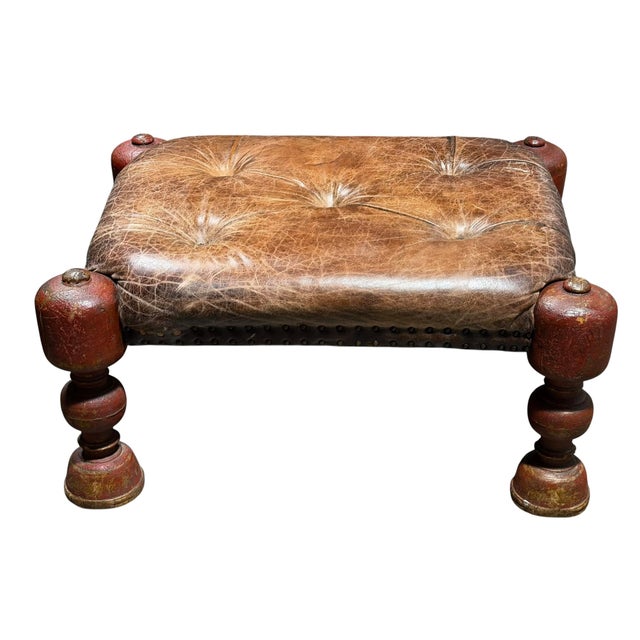 Rustic European Antique Tufted Leather Ottoman Footstool Bench For Sale - Image 3 of 6
