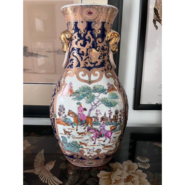 Mid-Century Modern Mid 20th Century Chinese Export Vase Hunting Scene Motif With Foo Dog Handles For Sale - Image 3 of 12