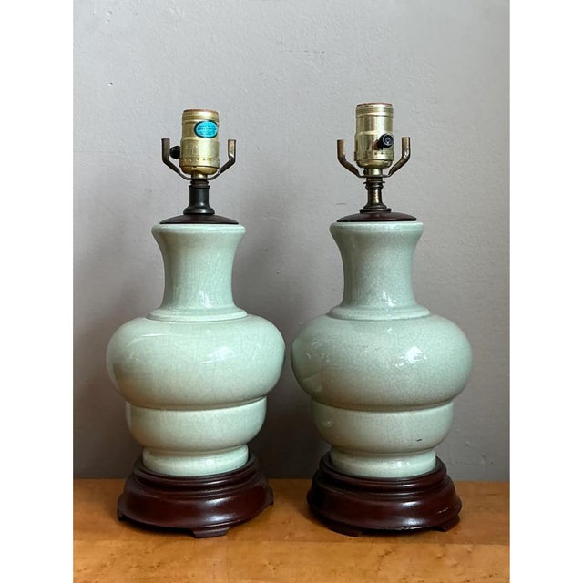 Vintage Celedon Crackle Glazed Ceramic Table Lamps - a Pair For Sale - Image 12 of 12