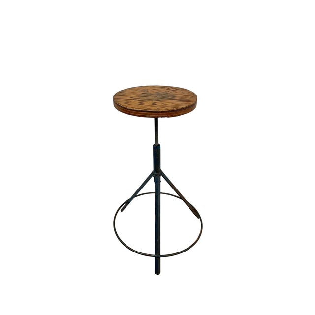 Vintage Industrial Stool With Solid Wood Round Seat and Metal Tripod Base For Sale - Image 9 of 10