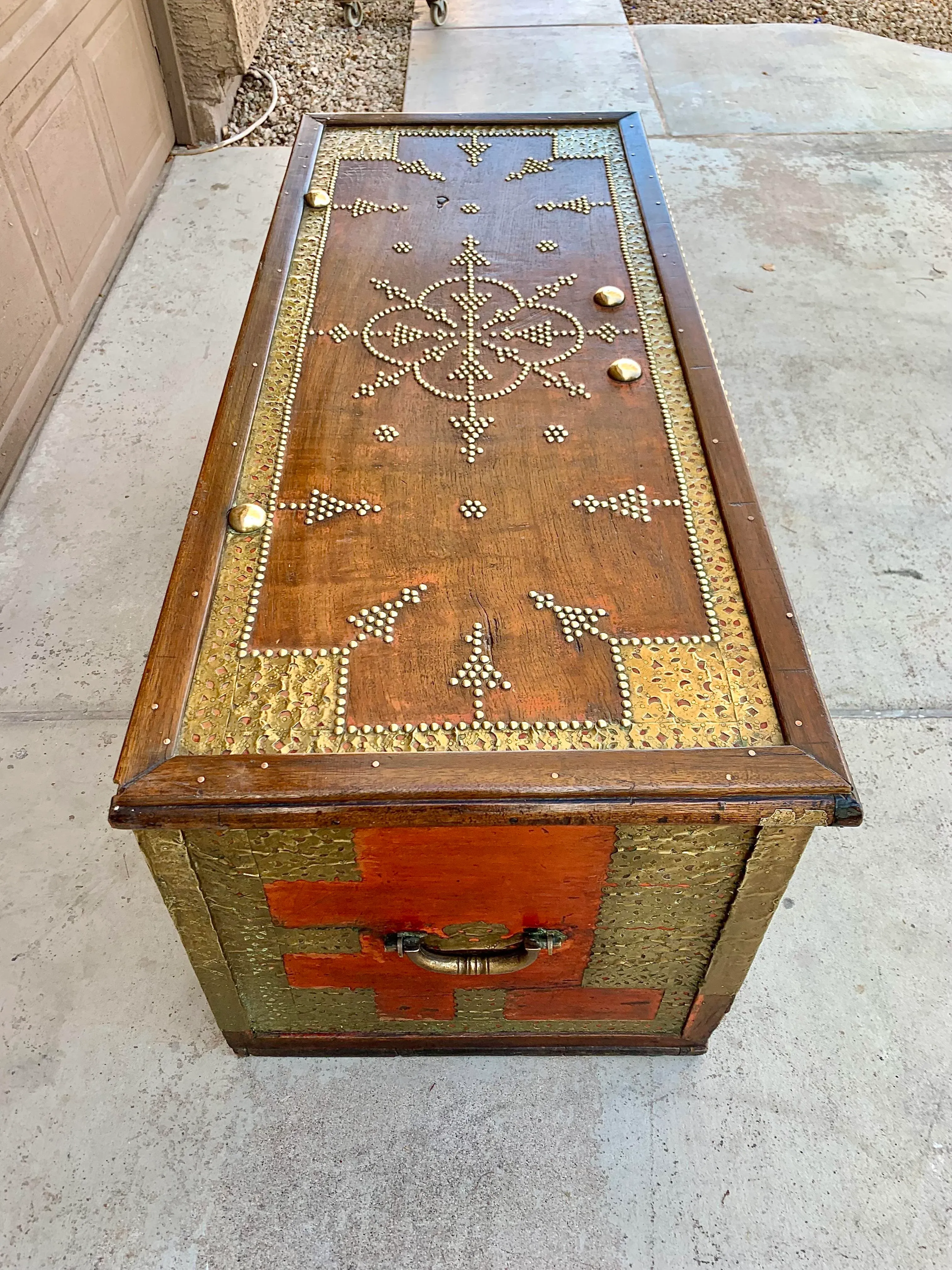 Antique Zanzibar Blanket Chest Teak Wood With Brass Metal Overlay