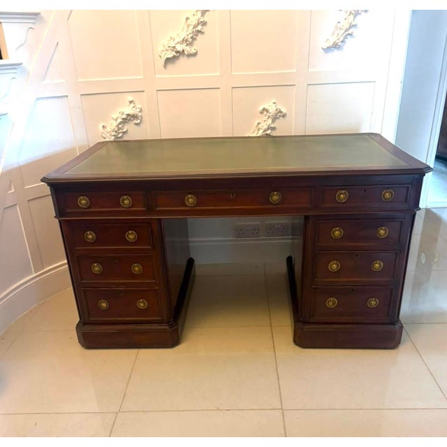 Mid 19th Century Antique Victorian Mahogany Freestanding Pedestal Kneehole Desk with Fitted Stationery Drawers and Writing Slides, 1850 For Sale - Image 5 of 18