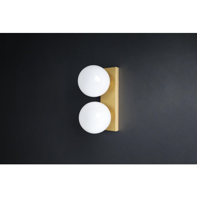 Mid-20th century wall/ceiling lights white frosted glass globes, 1960s double wall sconces / ceiling lights with...