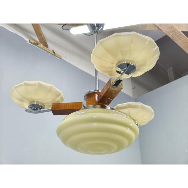 Art Deco Czechoslovak Chandelier in Walnut Chrome and Glass, 1940s For Sale - Image 6 of 13