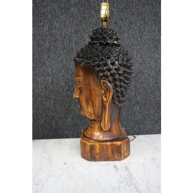 Contemporary Mid 20th Century Buddha Bust Carved Elmwood and Ebonized Table Lamp For Sale - Image 3 of 7