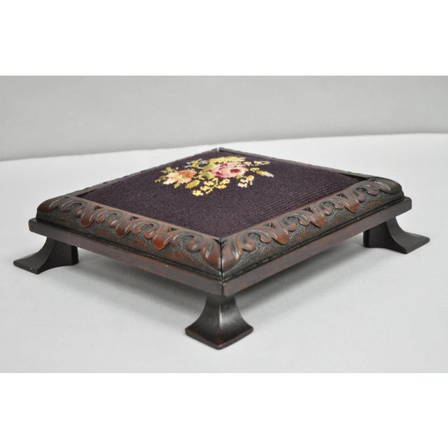 Early 20th Century Antique Victorian Carved Solid Mahogany Floral Needlepoint Low Footstool Ottoman For Sale - Image 11 of 12