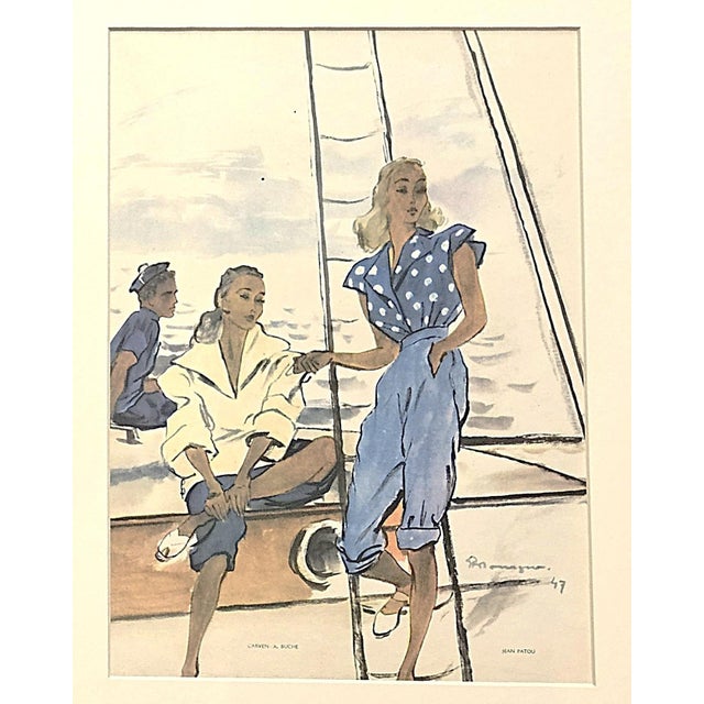 Mid-Century Modern 1947 Set of 2-French Summer Fashion Prints for Yachting, Matting For Sale - Image 3 of 3