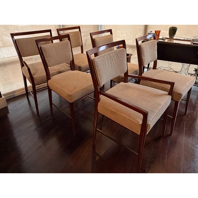 Paul McCobb. Mahogany framed set of 6 iconic vintage Dining Chairs. Nos. 9001 (4 Side Chairs) and 9101 (2 Arm Chairs) with...