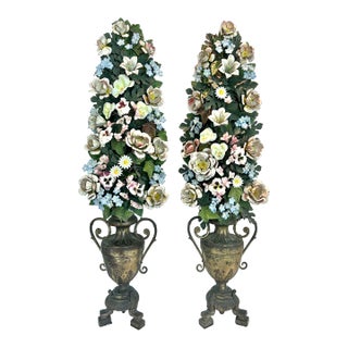 Antique Tole Metal Flower Arrangements, Pair For Sale