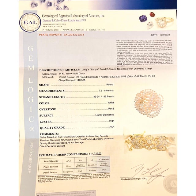 Metal Akoya Pearl Diamond Necklace 14k Y Gold Certified For Sale - Image 7 of 10