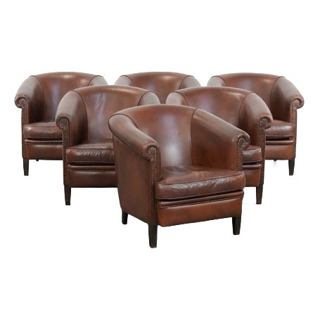 English Style Cognac Cowhide Club Armchairs, Set of 6 For Sale