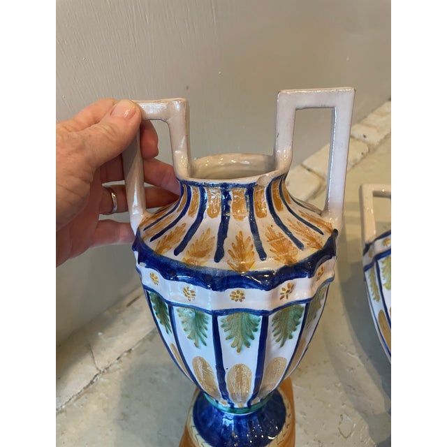 Traditional Early 20th Century Pair of Italian Faience Amphora Style Vases For Sale - Image 3 of 8