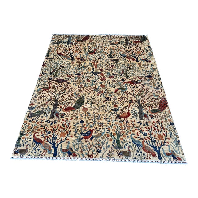 Hand-Knotted Afghan Tree of Life Pictorial Wool Area Rug - 8'1" X 9'9" For Sale