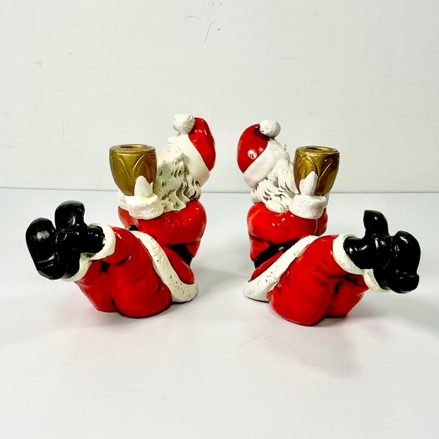 1950s Vintage Americana Boho Chic Whimsical Kick-Backed Santa Candle Holders - A Pair, Christmas For Sale - Image 9 of 11