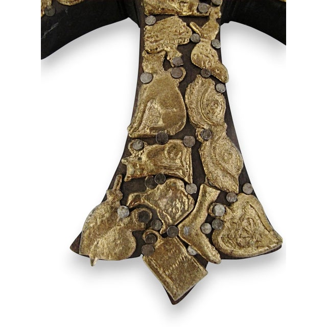 Mexican Folk Art Milagros Wooden Cross Nailed Metal Brass Charms Wall Hanging For Sale - Image 4 of 8