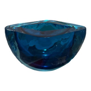 Vintage Small Faceted Art Glass Bowl - Flavio Poli Murano Style - Cobalt Blue For Sale
