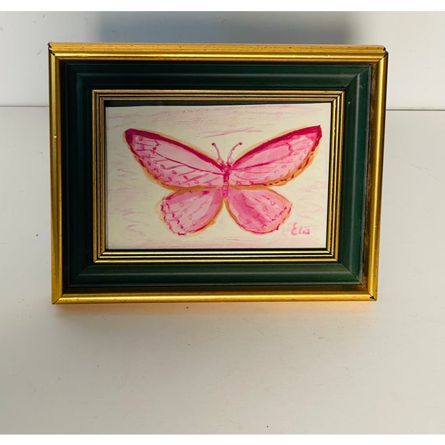 Lovely mixed media abstract mini painting of Pink Royal Butterfly in vintage frame under glass.
