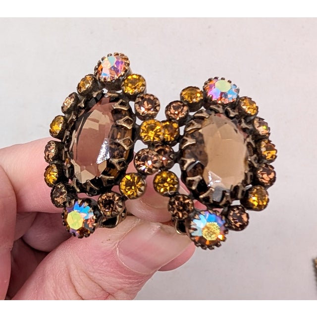 Brown Vintage 1960s Signed Kramer of Ny Faux-Topaz & Orange Aurora Borealis Clip Earrings-2 Pieces For Sale - Image 8 of 9