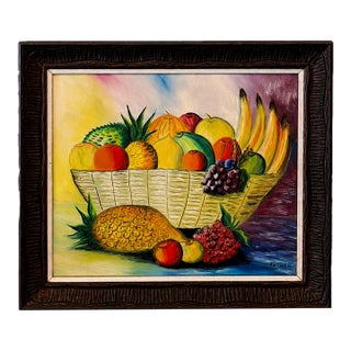 Vintage Original & Signed Tropical Fruit Still Life Oil Painting in Hand Carved Wood Frame For Sale