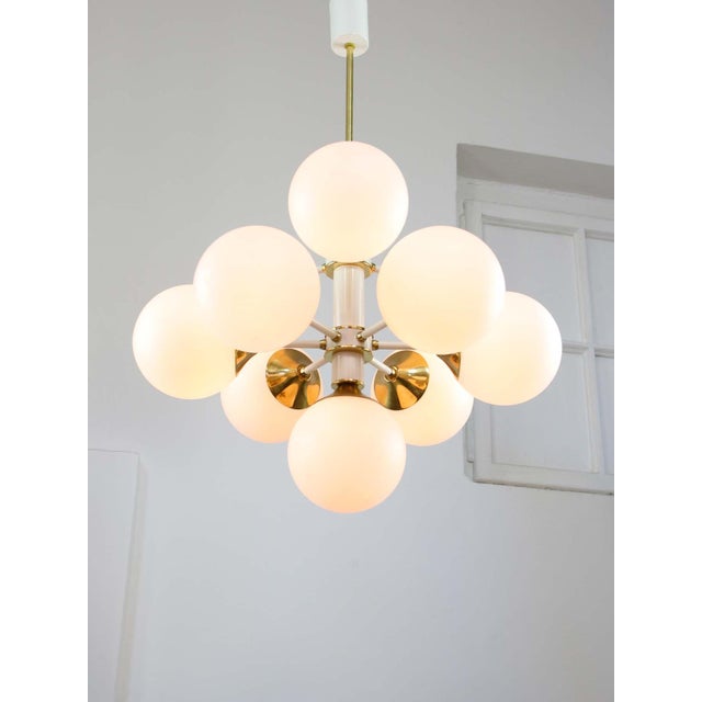 Cream Vintage Italian Brass and Opaline 10-Arm Chandelier, 1970s For Sale - Image 8 of 18