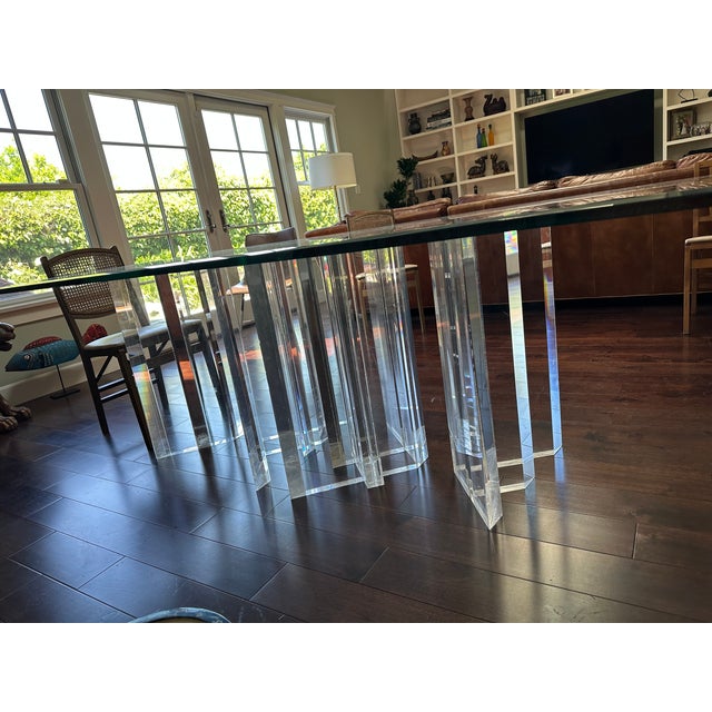 1980s 1980s Lucite Pedestals Base Glass Top Dining Conference Table For Sale - Image 5 of 8