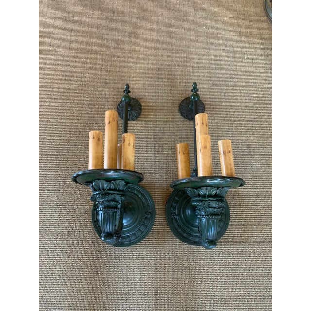Fabulous Pair of Large Beau Arts Acanthus Leaf Pattern Wall Scones in Original Old Green Paint, Circa 1910 For Sale - Image 9 of 10