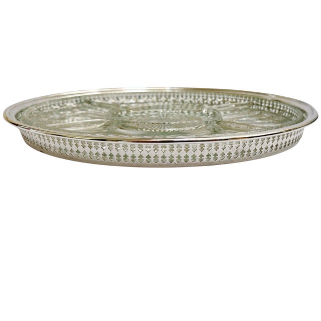 Mid 20th Century Silver Plated Gallery Tray & Sunburst Pressed Glass Hors d'Oeuvres Insert For Sale - Image 4 of 7