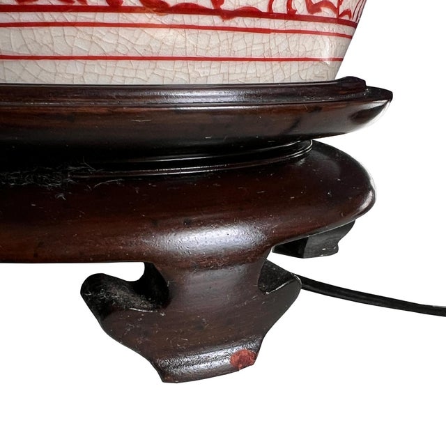 Wood Mid 20th Century Chinese Red Double Happiness Porcelain Ginger Jar Lamps - a Pair For Sale - Image 7 of 15