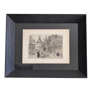 Original Signed Etching Art by Rouse Pinkston, 1975 European Street Scene, Custom Black Wood Framed For Sale