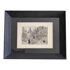 Original Signed Etching Art by Rouse Pinkston, 1975 European Street Scene, Custom Black Wood Framed