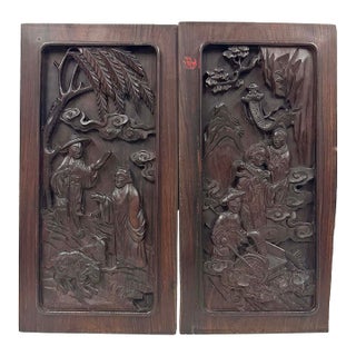 Early 20th Century Hand Carved Traditional Chinese Wood Carving Panels, Set of 2 For Sale