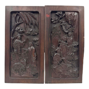 Early 20th Century Hand Carved Traditional Chinese Wood Carving Panels, Set of 2