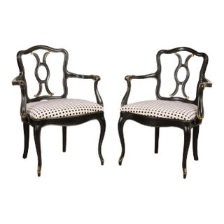 Mid 20th Century French Louis XV Style Carved Ebonized Dining Armchairs - A Pair For Sale