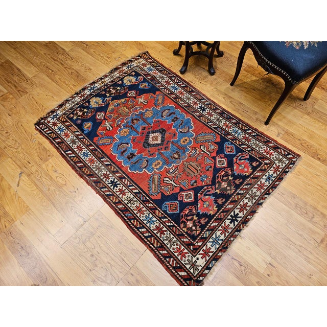 Antique Caucasian Kazak Area Rug, Handwoven Wool, Geometric Medallion Design, Late 1800s, 4' x 5' For Sale - Image 9 of 18