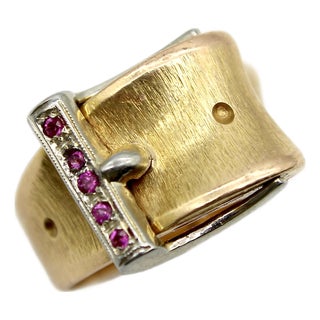 Vintage 18k Gold and Ruby Italian Buckle Ring, Size 5.75 For Sale