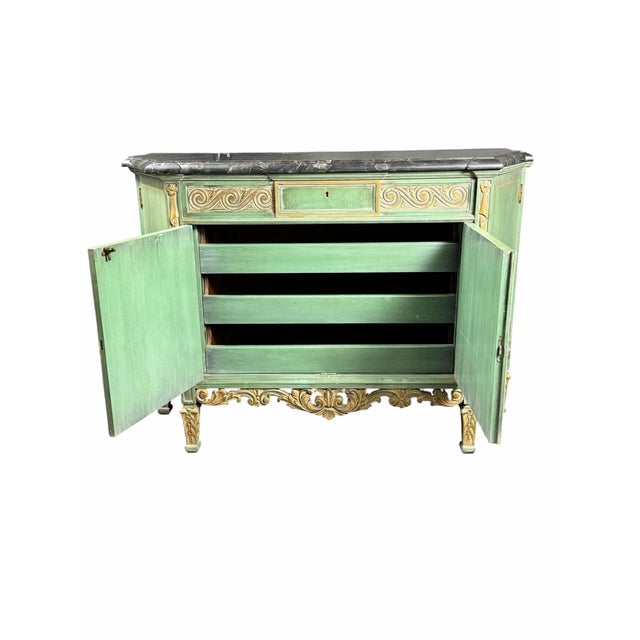 Green Vintage Neoclassical Green & Gold Painted Sideboard / Buffet With Black Marble Top For Sale - Image 8 of 12