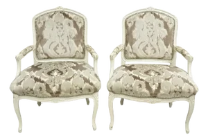 Vintage French Country Louis XV Style White Distress Painted Arm Chairs - A Pair