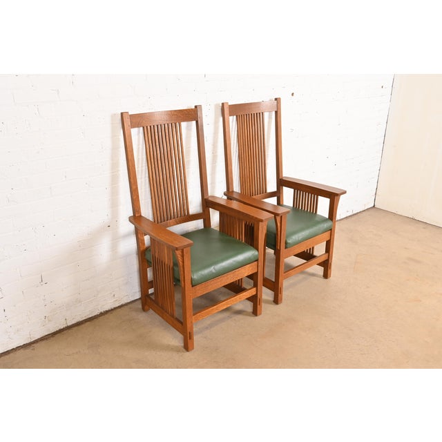 L. & J.G. Stickley, Inc. Stickley Mission Oak Arts & Crafts Spindle High Back Arm Chairs, Pair For Sale - Image 4 of 12
