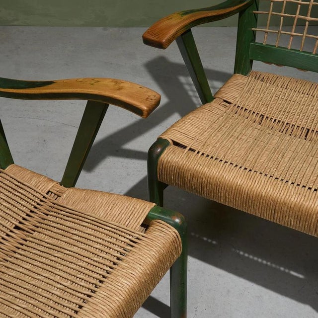 1930s Green Lacquered Chestnut and Papercord I due forni Firenze Armchairs, Italy, Set of 2 For Sale - Image 5 of 10
