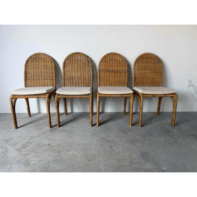 Mid-Century Modern Vintage Coastal Organic Woven Wicker & Metal Frame Dining Chairs – Set of 4 For Sale - Image 3 of 12