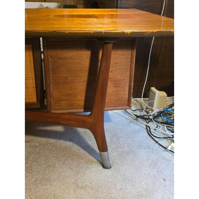 Mid 20th Century Alma Skulptura Mid Century Walnut Executive Desk, 78” Danish Modern, Cane Panel For Sale - Image 10 of 11