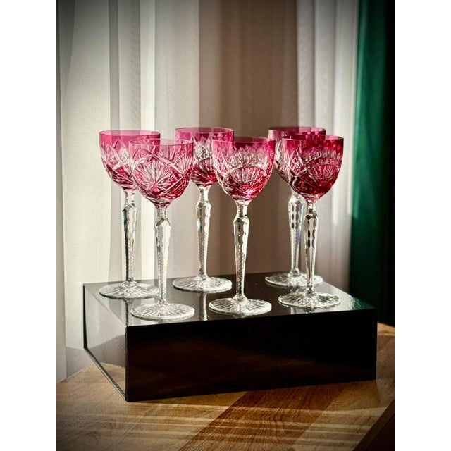 Ruby Cut Crystal Hock Glasses with Peacock and Starburst Cutting, 1950, Set of 6 For Sale - Image 6 of 18
